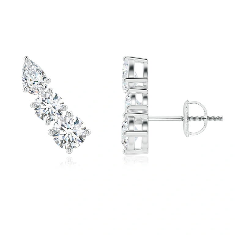 Round and Pear Diamond Three Stone Climber Earrings