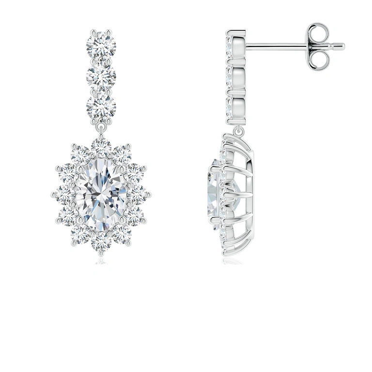 Oval Diamond Floral Halo Dangle Earrings