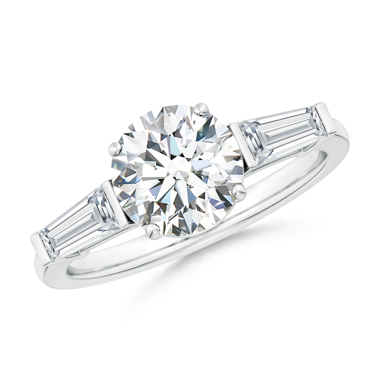 Round and Tapered Baguette Diamond Side Stone Engagement Ring